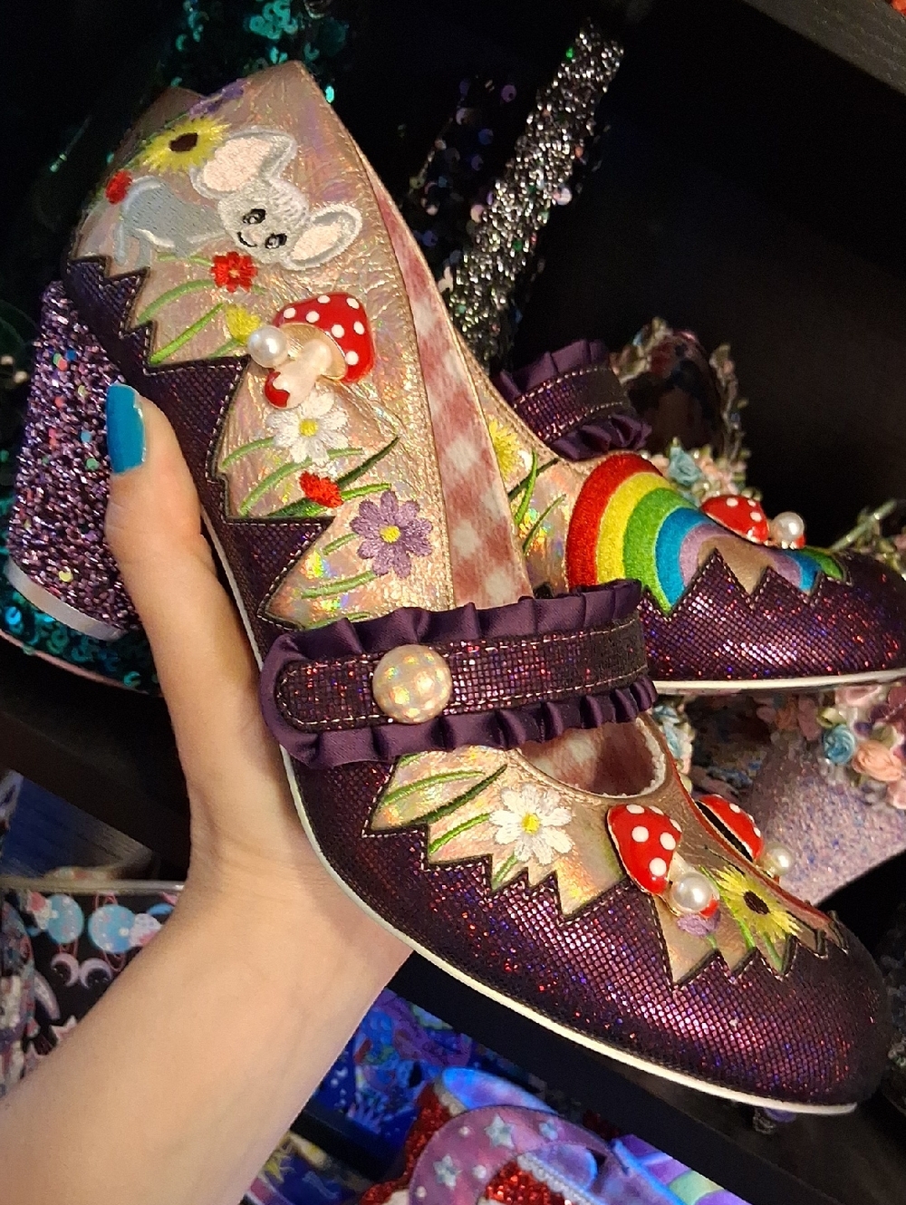 New PIPSQUEAK Irregular Choice Rainbow & Mushroom Heels, Size 41, 10.5ish